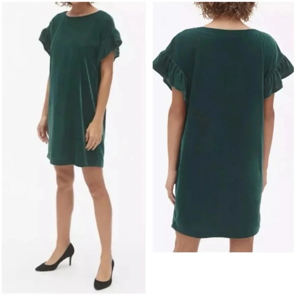 Gap Hunter Green Velvet Shift Mini Dress, Short Ruffle Sleeves, Crewneck, EUC! - Picture 1 of 11